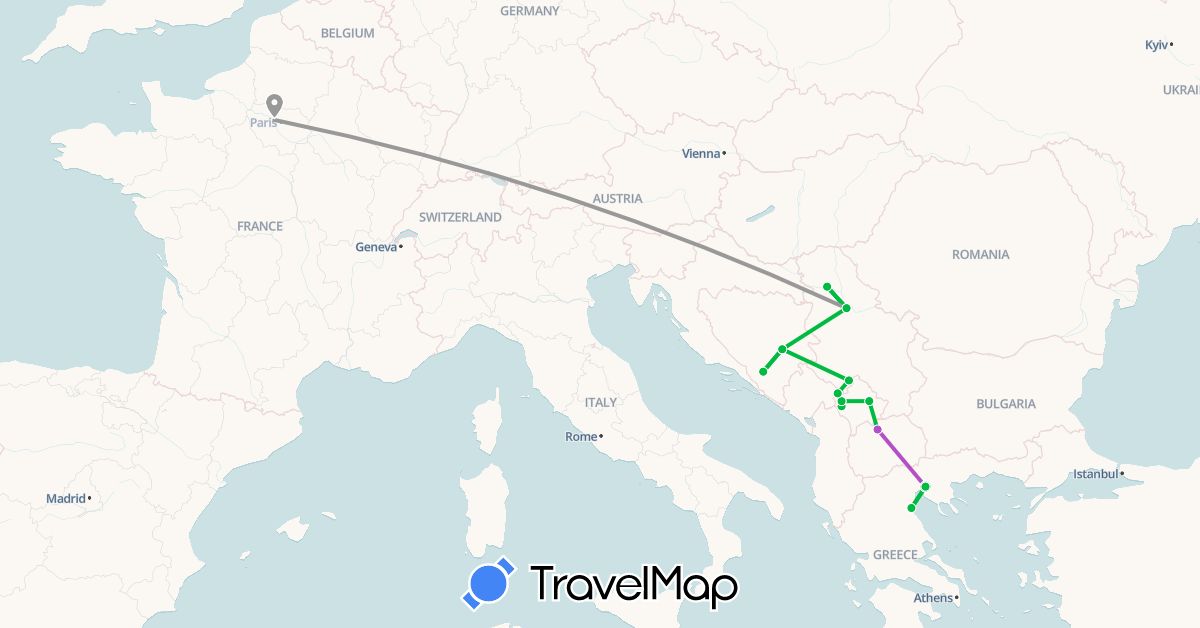 TravelMap itinerary: driving, bus, plane, train in France, Greece (Europe)